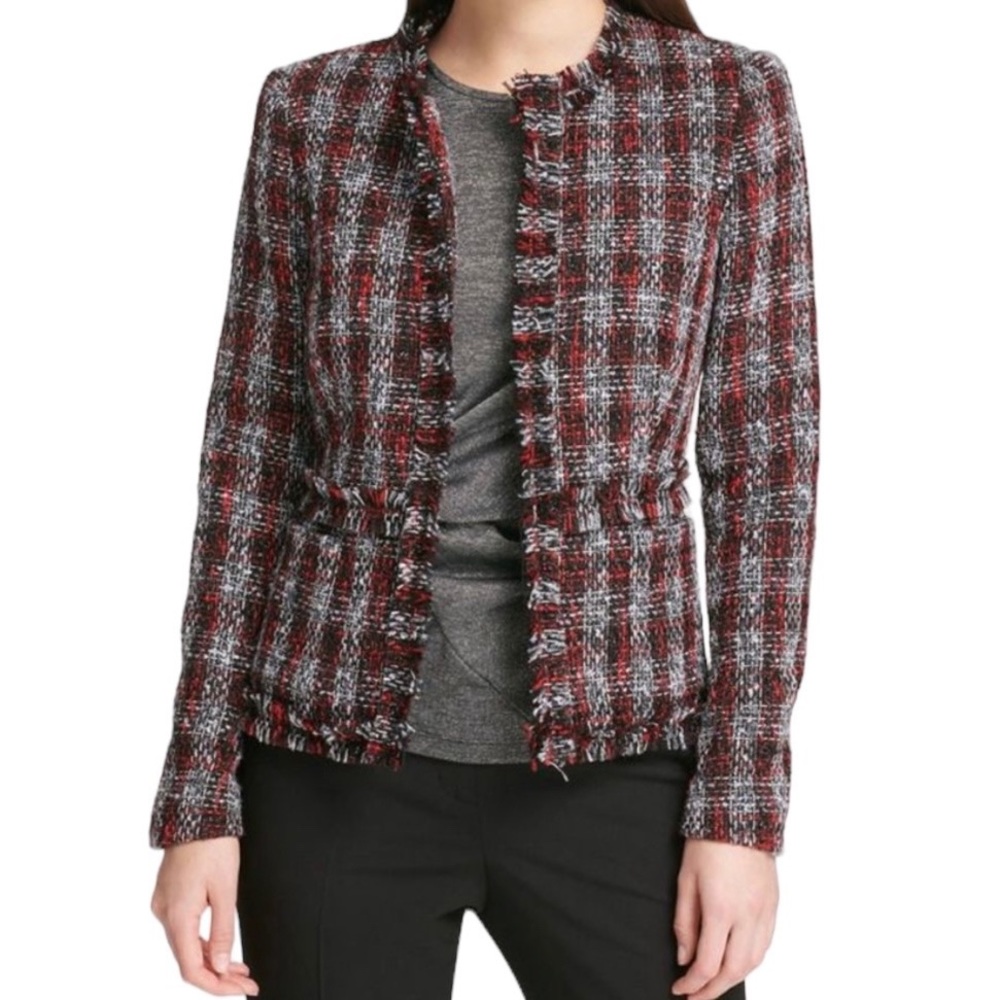DKNY Collarless Boucle Blazer Tweed Jacket Black Red 12